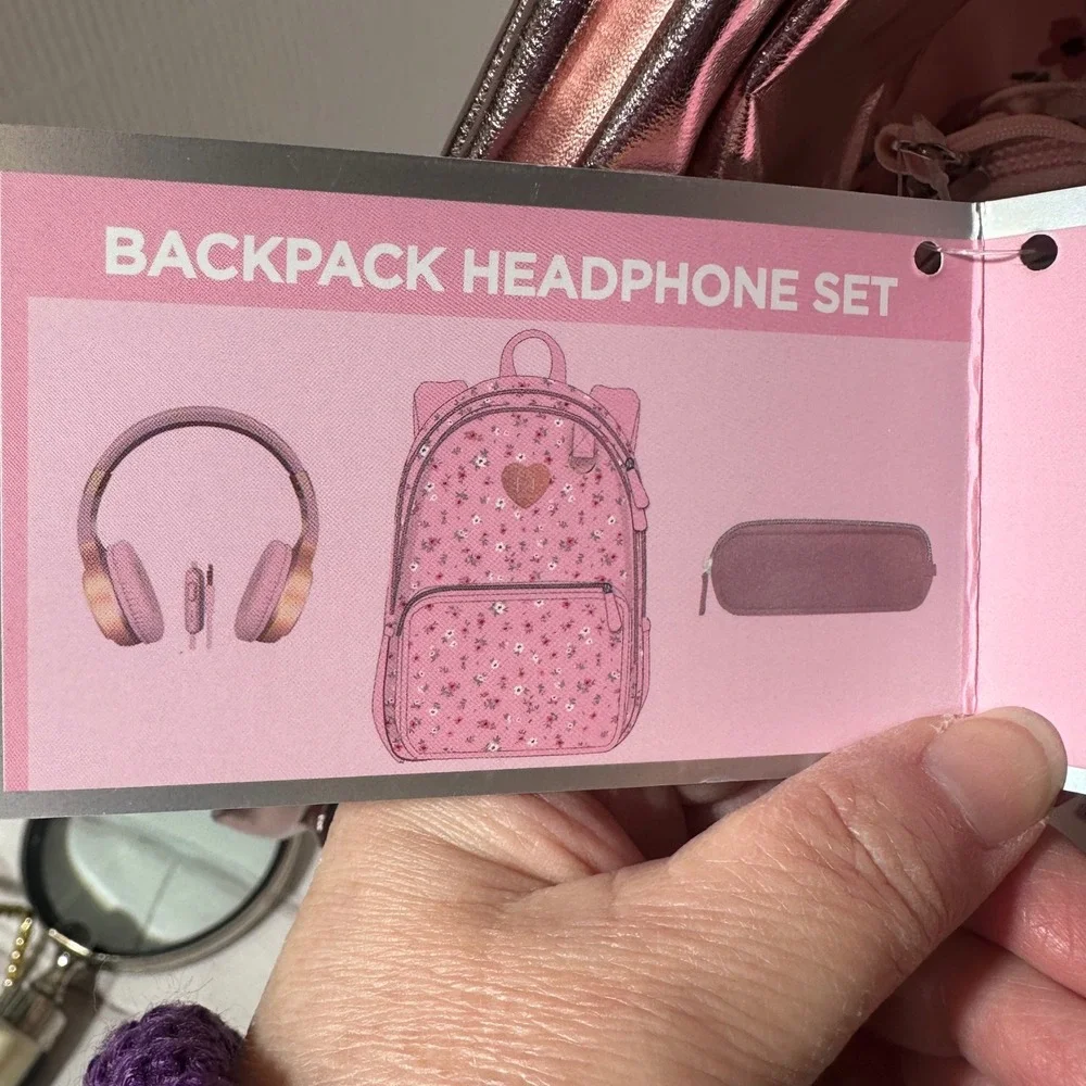Locker Club Pink Floral Backpack Headphones and Pencil Case 3‎ Piece Set New